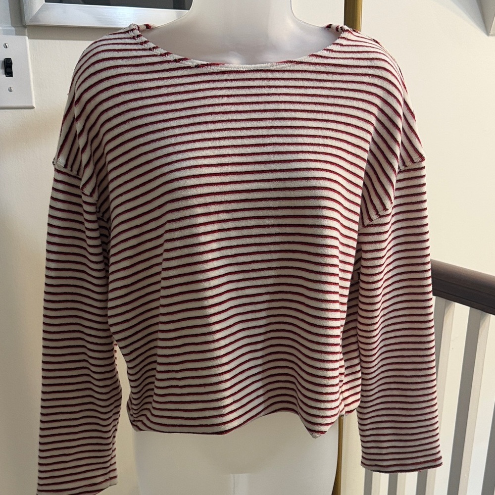 perfectwhitetee NWT Cream and Burgundy Striped Boatneck Terry Sweatshirt M